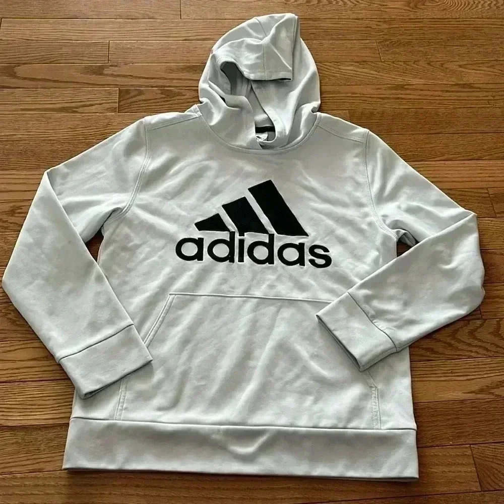 [M]Adidas Gray White  Big Front Logo Light Hoodie